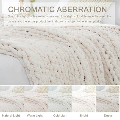 LONG CREATE Chunky Knit Throw Blanket 50"X 60", 100% Handmade with Soft Chenille Yarn, 4.4lbs Thick Cable Knitted Blankets, Large Rope Knot Crochet Throws for Couch Sofa Bed Home Decor, Cream White