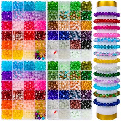 XSEINO 2400 PCS 8mm Glass Beads Bracelet Making Kit, 47 Colors Crystal Beads for Jewelry Making and DIY Crafts，4 Box Round Beads
