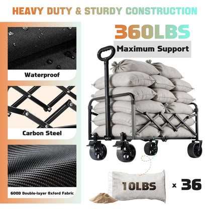 360lbs Foldable Wagon Cart Collapsible - Heavy Duty All-Terrain Portable Lightweight Folding Utility Carts with Wheels, Large Capacity Portable Grocery & Beach Trolley for Shopping, Camping and Sports