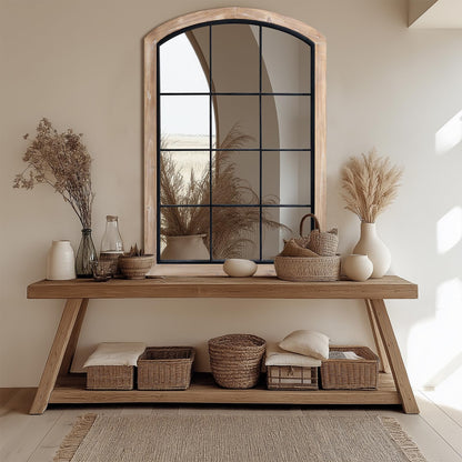 IPOUF Farmhouse Arch Wood Window Mirror, 24X36 Decorative Arch Wall Mirror, Wood Framed Rustic Mirror Metal Inner Frame Wall Decor for Entryway & Living Room,Natural