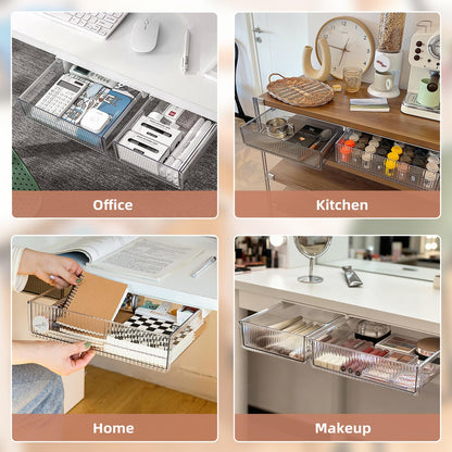 2Pcs Under Desk Storage Drawers Slide Out,Large&Medium,Stick On Drawers,Under Desk Organizer Hidden Under Table Drawer for Home Office School Organization and Storage-Clear White