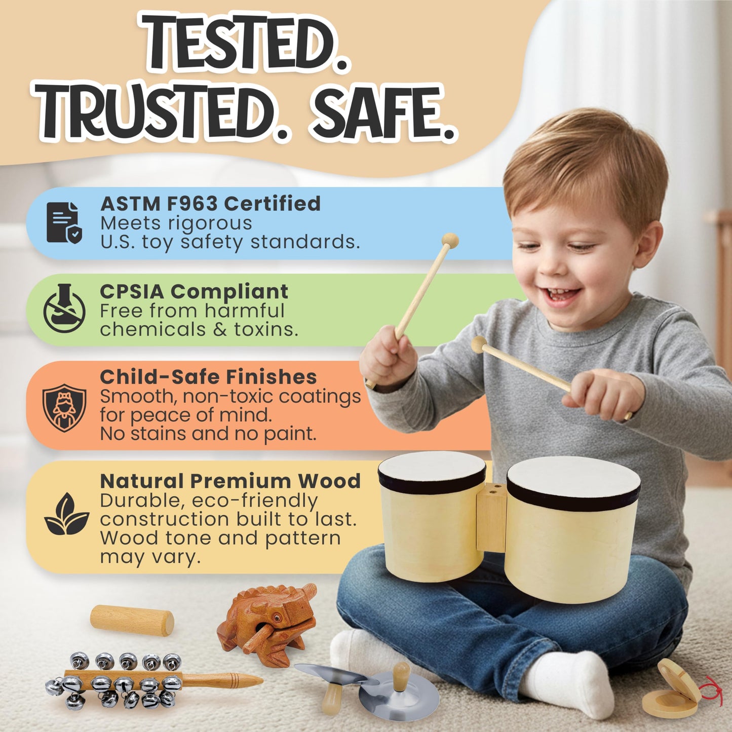 Toddler Drum Set & Musical Instruments for Toddlers – Montessori Wooden Percussion Instrument Set with Bongo Drum, Jingle Bells, Cymbals, Castanet & Guiro | Ages 3+