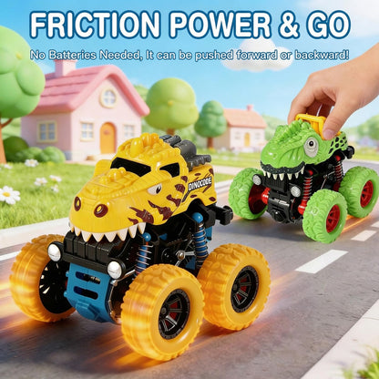 TGXLAK Dinosaur Toys for 2 3 4 5 Year Old Boys - 3 Pack Monster Truck Toys with Friction Power 360° Rotating Push and Go Cars for Toddlers Ages 2-4-6 - Boys Girls Birthday Gifts for Kids 3-5