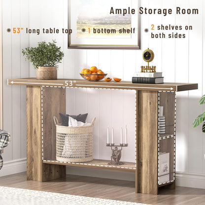 FOLUBAN 53 Inch Long Entryway Table, 2-Tier Wood Console Table with Storage Side Shelves, Farmhouse Sofa Table for Living Room, Narrow Hallway Foyer Table Behind Couch for Home Decor, Rustic Oak