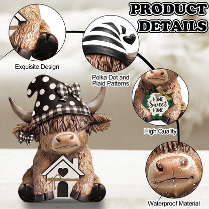 Wesiti 2 Pcs Highland Cow Home Decor Figurines Resin Farmhouse Ornament Set, Cute Cow Statues with House Home Sweet Sign, Rustic Tiered Tray Table Decor Gifts for Garden Kitchen Office