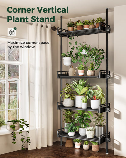 Bamworld Tension Rod Plant Stand Adjustable Hanging Plant Shelf Indoor Tall Plant Pole Stand Floor to Ceiling Pole for Living Room Bedroom Flower Holder For Multiple Plant Pots Display Black New Version