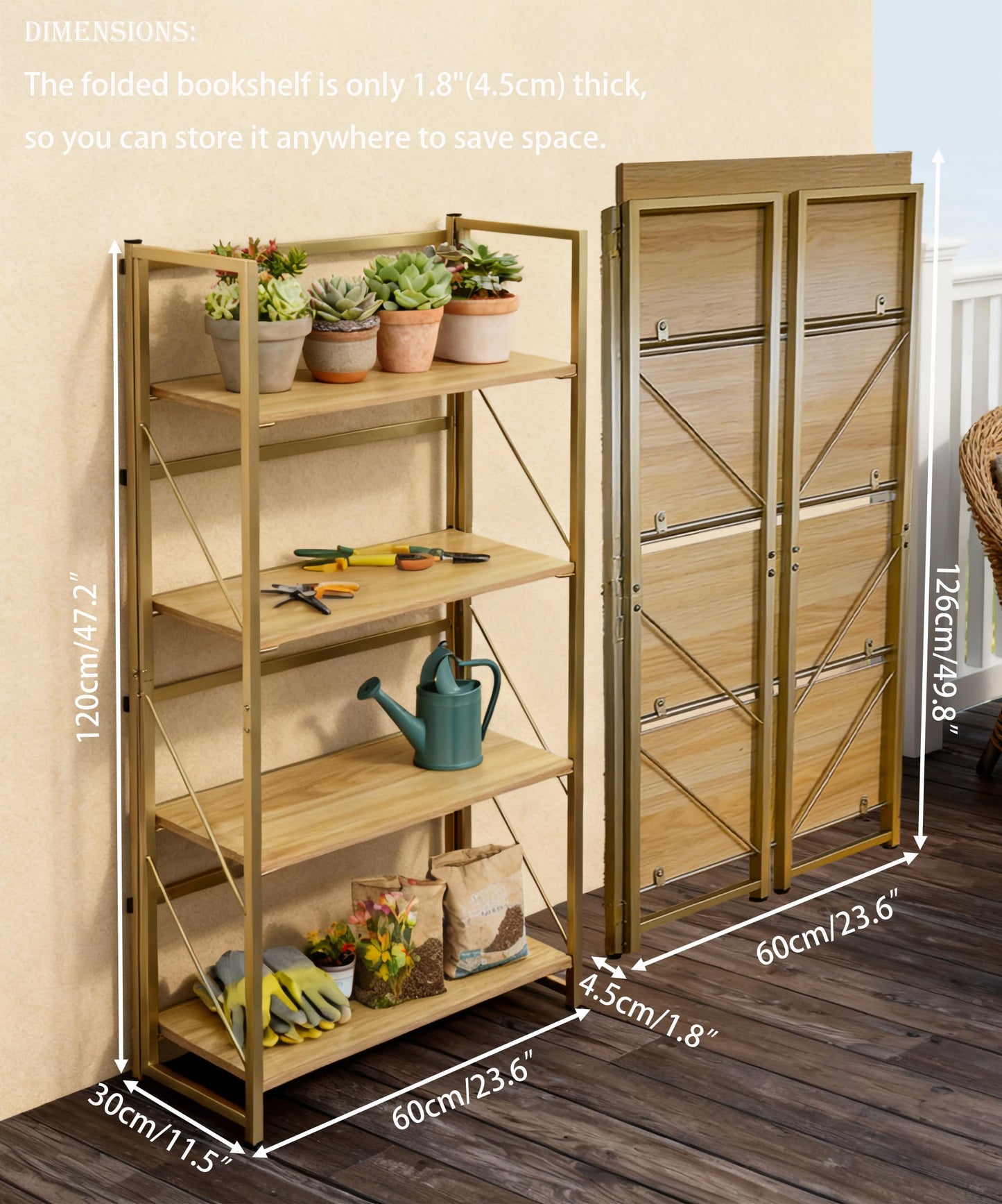 BIASUNS Folding Bookshelf,Multifunctional Foldable Plant Stand Storage Rack Shelves for Home Office, Easy Assembly, 4-Tier,Gold & Nature Wood