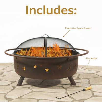 Sunnydaze Cosmic 42-Inch Large Outdoor Fire Pit - Wood-Burning Fire Pit with Round Spark Screen, Poker, and Built-in Grate