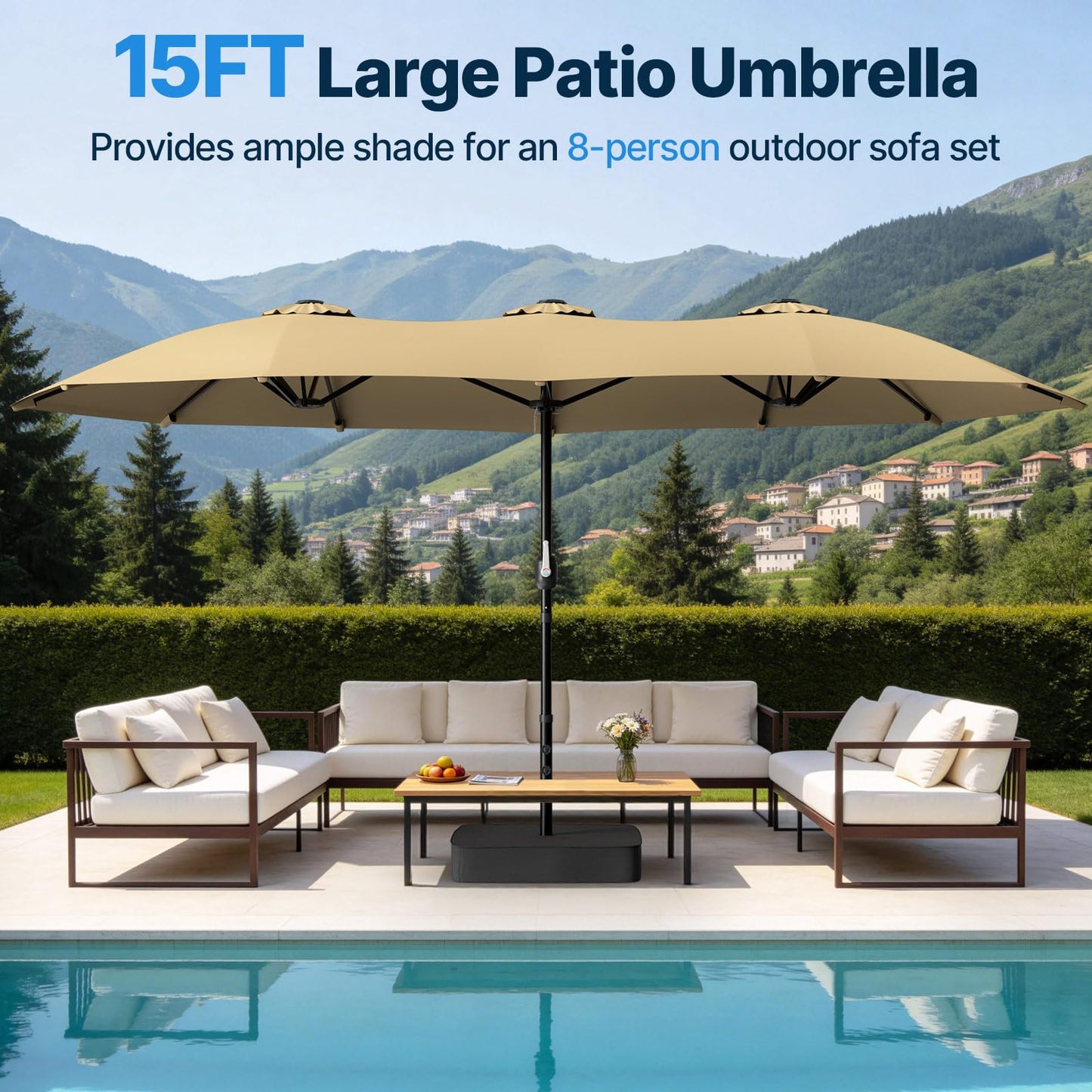 Suteck 15x9 ft Patio Umbrella with Base Included, Double-Sided Rectangle Outdoor Large Umbrella with Crank Handle, UV & Fade Resistant Canopy for Poolside, Backyard, Deck and Market, Beige