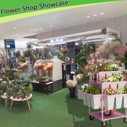Metal Outdoor Flower Display Stand with Flower Display Stand with 18 Buckets, Flower Cart Display Stand with Wheels，Flower cart for Florist, Patio Garden(Color:Blue,Pink,White) (White)