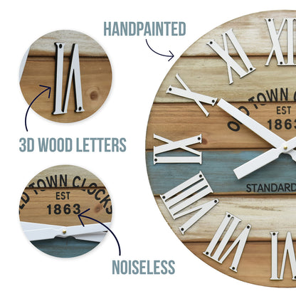 Oldtown Clocks 24" Wooden Multi-Color Maritime Coastal Beach Large Roman Wall Clock (Blue, 24 inch)