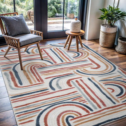 CAMILSON Indoor Outdoor Rug, Multicolor 5x7 Geometric Arch Striped Area Rugs for Patio and Home Areas, Easy-Cleaning Non-Shedding Living Room, Garden and Deck Washable Outside Carpet (5 x 7)