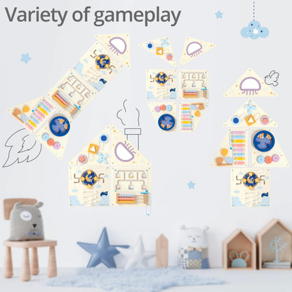 Pillowhale Tangram Activity Wall Busy Board Panels, 12-in-1 Learning Activity Center, Wooden Montessori Sensory Toys for Toddler Playroom, Nursery, Daycare, Classroom, Dentist Waiting Room