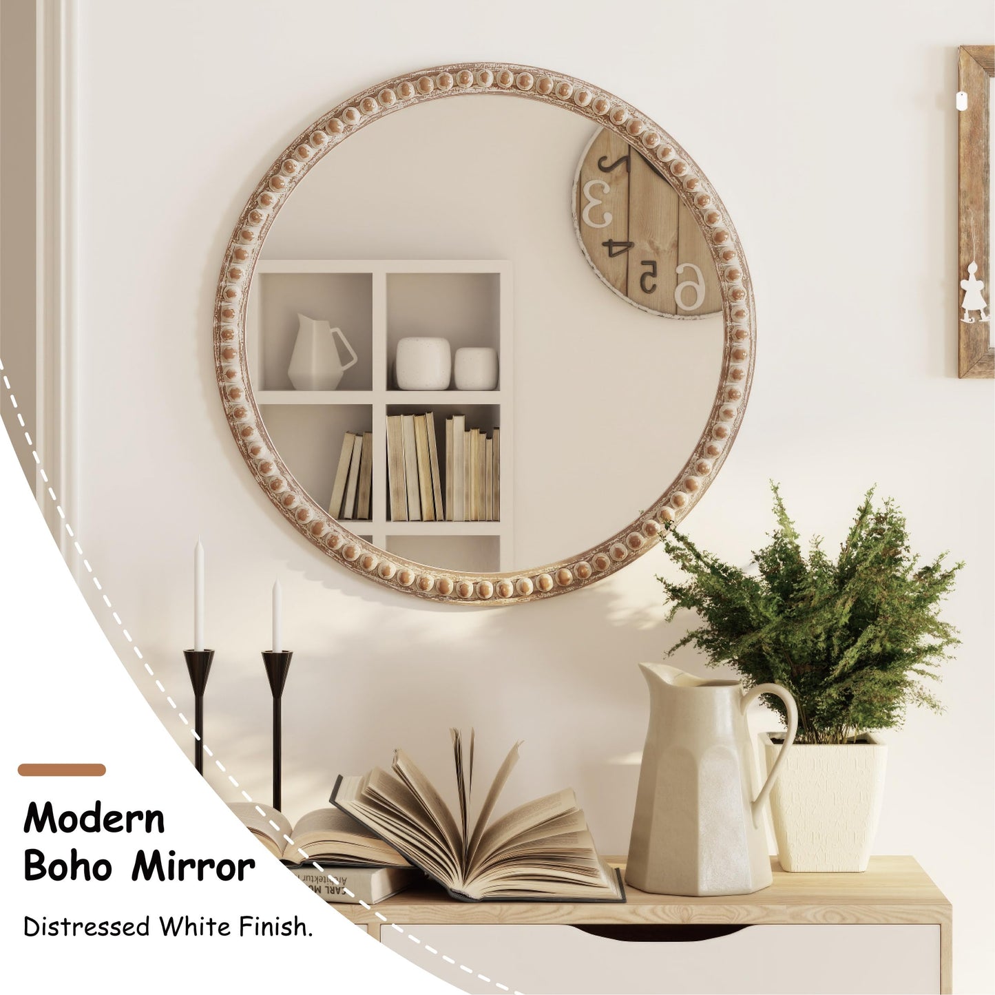 COZAYH Distressed Wood Frame Accent Mirror, Rustic Farmhouse Style Decorative Wall Mirror (Round)