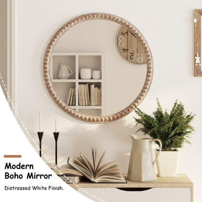 COZAYH Distressed Wood Frame Accent Mirror, Rustic Farmhouse Style Decorative Wall Mirror (Round)
