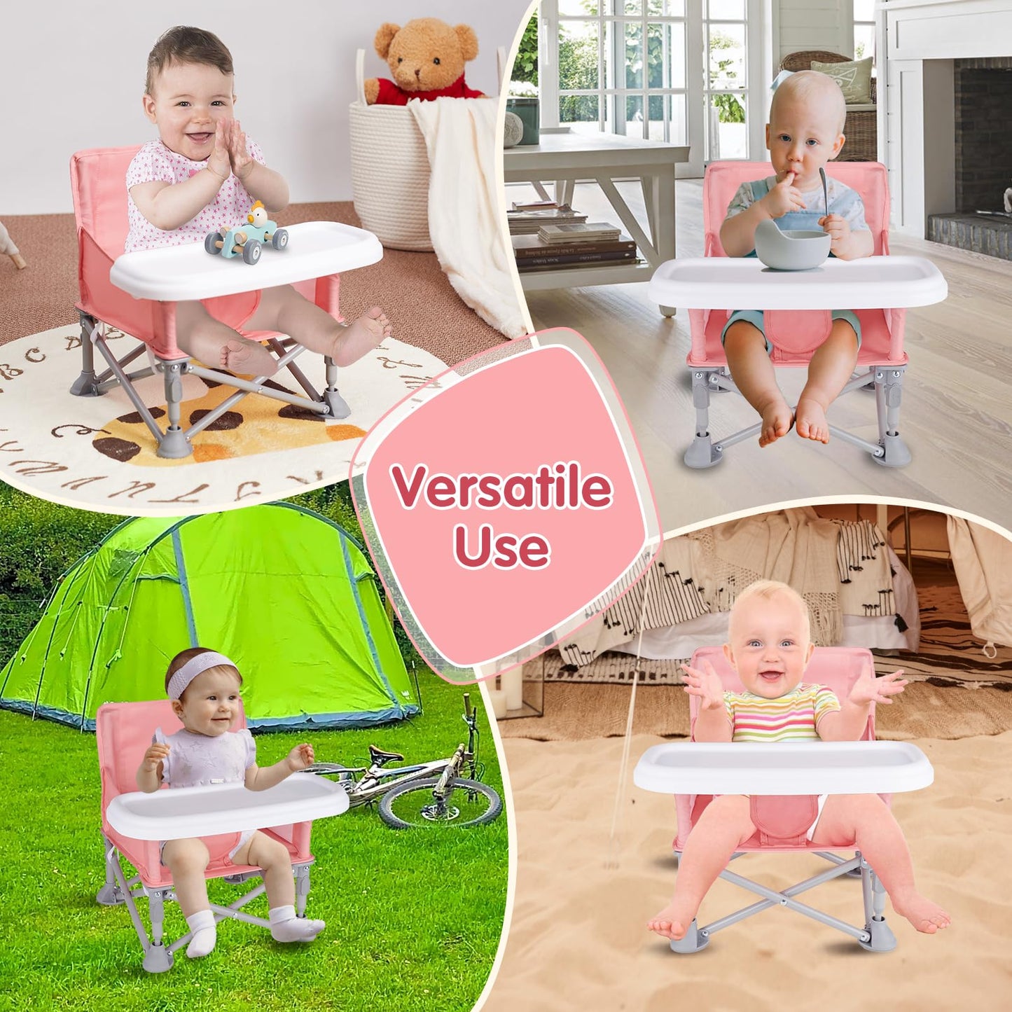 Furmubei Portable Baby Booster Seat with Tray, Toddler Booster seat for Dining, Camping, Travel, Baby Beach Chair 6 Months to 3 Years Old Indoor Outdoor Use Pink