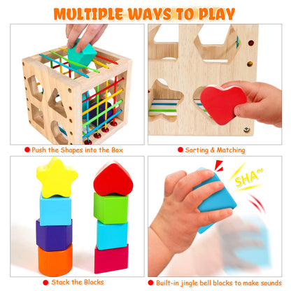 HELLOWOOD Montessori Toys for 1+ Year Old, Wooden Sorter Cube with 8pcs Rattling Shapes, Developmental Learning Toy Gifts for Baby Toddler Boys Girls, Gift Packaging