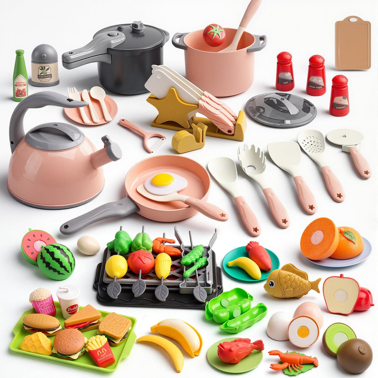 Zero Zoo 105Pcs Kids Kitchen Toy Accessories, Toddler Pretend BBQ Camping Cooking Playset, Play Pots, Pans, Utensils Cookware Toys, Play Food Set, Vegetables, Learning Gift for Girls Boys