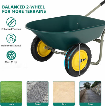 Ultym 2 Wheel Wheelbarrow, Dual-Wheel Garden Dump Cart with 13" Non-Slip Pneumatic Tires & Ergonomic Padded Handle, Heavy-Duty Home Utility Yard Cart Wagon with 4.5 Cu Ft Capacity for Lawn, Gardening