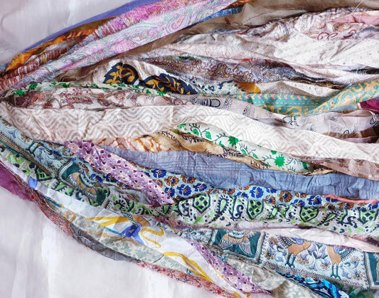 Vintage Fabrics Crafts 42 Yards Unstitched Sari Silk Yarn Ribbon Tassels SKEINS Muted Dull Shades Journal Scrapbook Craft Project Decor DLLNG