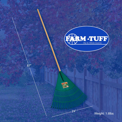 FARM-TUFF 24 Inch Leaf & Lawn Rake with 48 Inch Hardwood Handle - Extra-Wide, Durable Rake for Lawns, Gardens, and Yard Cleanup