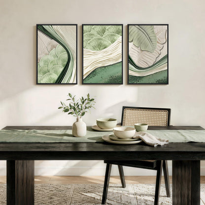 Framed Green Abstract Wall Art Bedroom, 3 Piece Botanical Modern Minimalist Canvas Print Artwork for Walls, Leaf Paintings Pictures for Small Living Room Dining Room Office Wall Art Decor, 16x24 Inch
