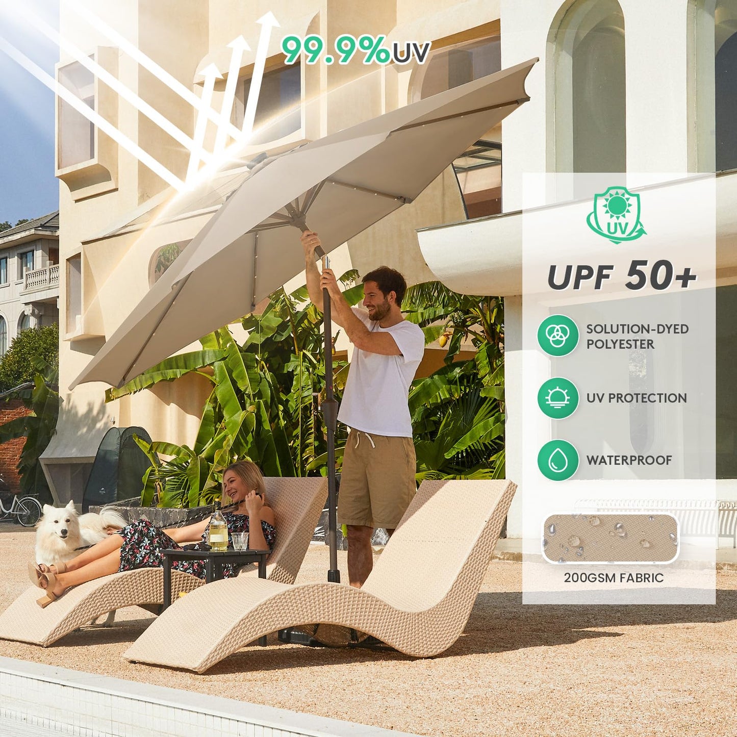 JEAREY 9FT Outdoor Patio Umbrella with Solar Lights, LED Lighted Pool Umbrella with Tilt and Crank, Outdoor Table Umbrellas for Deck, Yard & Market (Beige)