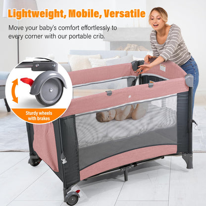 Soobaby 5 in 1 Baby Crib,Baby Bassinet, Bedside Cribs, Pack and Play with Changing Table, Portable Travel bedToys & Music Box,Mattress for Girl Boy Infant Newborn (Pink)