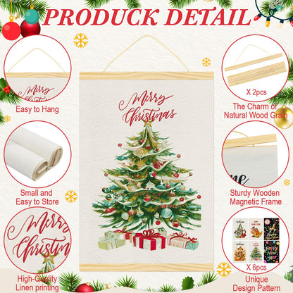Merry Christmas Wall Art with Wood Poster Hanger Set of 6 Christmas Tree Wall Decor Magnetic Poster Hanger Frames Santa Claus Turkey Snowman Posters Artwork for Wreath Thanksgving Walls Decorations 12x18 Inch