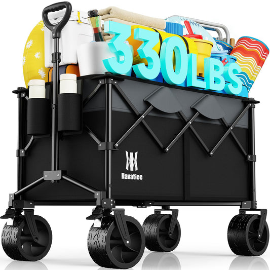 Navatiee 330Lbs Collapsible Folding Wagon, Beach Wagon Cart Heavy Duty Foldable with Big Wheels, Utility Grocery Wagon with 165L Large Capacity for Camping Garden Sports, Black