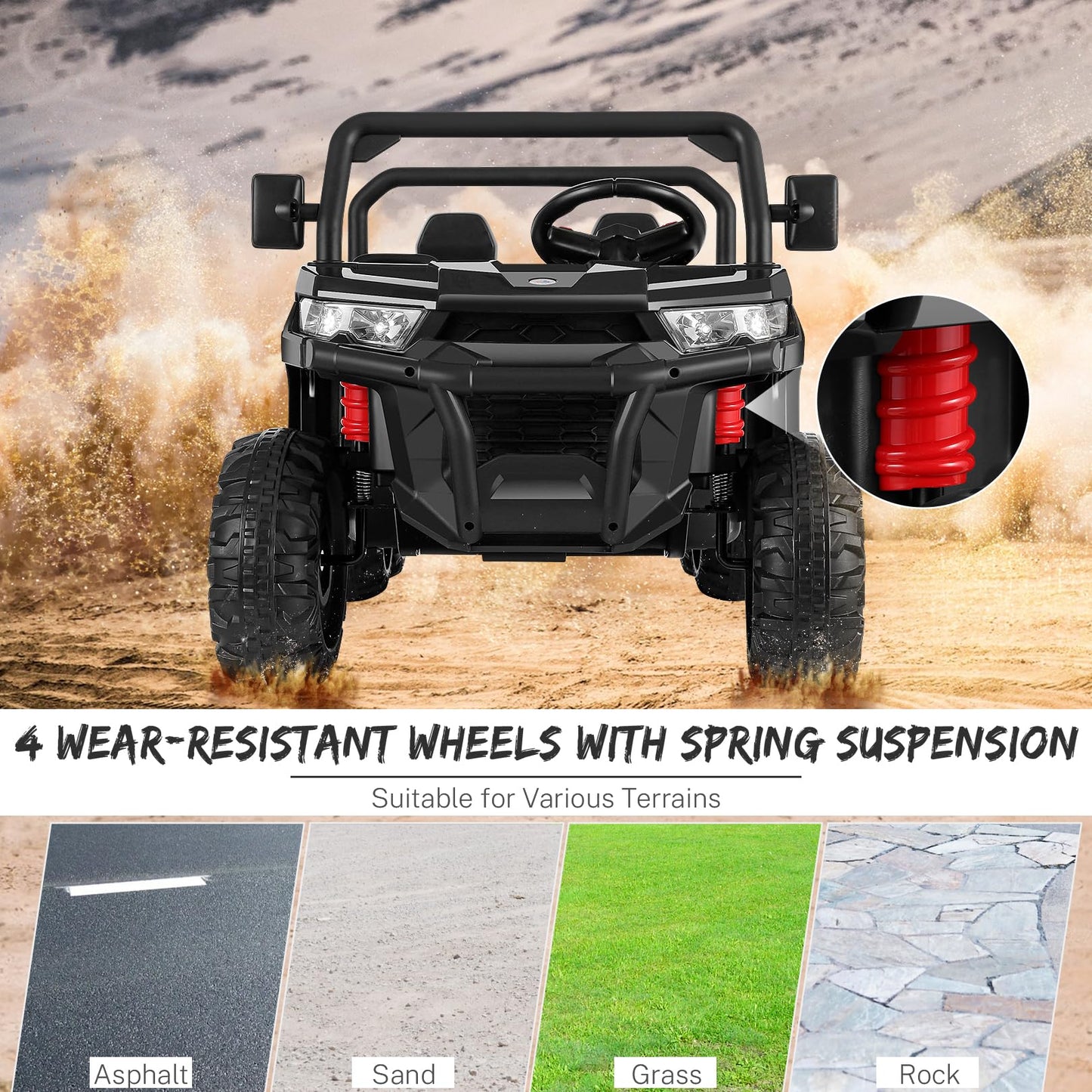 Hikole 2 Seater Ride on Car with Remote, 24V Kids Electric Cars w/Dump Bed, 6 Suspension, 4WD, 3 Speeds, Music, Storage Trunk-6x6 Ride On UTV Truck for Big Kids Boys Girls Age 3-8, Black