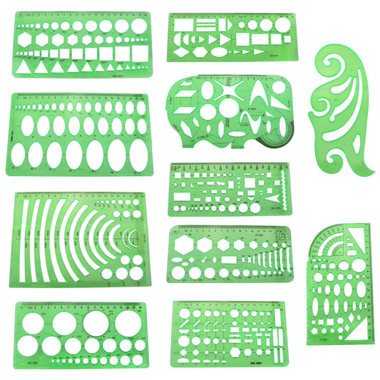 ZZLZX 11PCS Green Plastic Hollow Out Painting Stencils Geometric Drawing Template Measuring Rulers for Circle Drawing and Drafting Paper Tracing Measuring Tools for Office Architectural Design