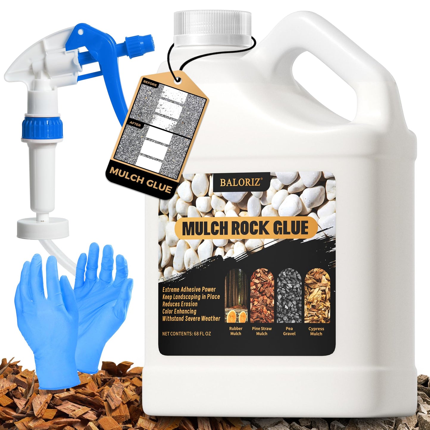 BALORIZ Mulch Glue - 68oz Mulch and Rock Glues for Landscaping, Pea Gravel & Bark, Strong Stabilizing Gravel Glue with Applicator Ready to Use Mulches Glues for Rocks Locking Most Mulches