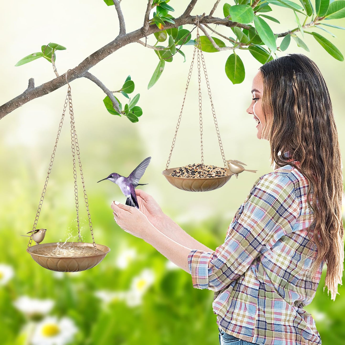 Hanging Bird Bath for Outside, 2 Pack Metal Birds Feeder & Water Bowl with Chains and S-Hooks,Birdbath Hanging for Outdoors Bird Feeder Seed Tray Garden Yard Decor (Rustic Gold)