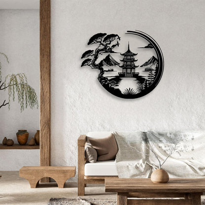 LIYOUYA Bonsai Tree Torii Gate Metal Wall Decor - Japanese Style Room Decor Black Wall Art Home Decor for Living Room, Bedroom, Dining Room (Black)