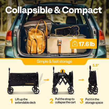 VIVOHOME 130L Collapsible Wagon with Tailgate, 320lb Load-Bearing Outdoor Utility with All-Terrain Wheels, Adjustable Handle, Cup Holders for Camping, Shopping, Garden, Sports, Picnic, Black