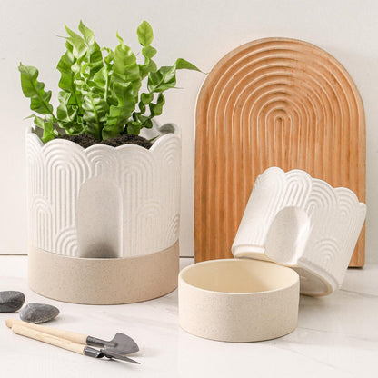 Nihow Self Watering Plant Pot: 6 Inch Ceramic Planter with Drainage Hole & Water Storage Plus - Relief Design Self Watering Pot for Indoor Plants - Beige & Nature Flower Pot
