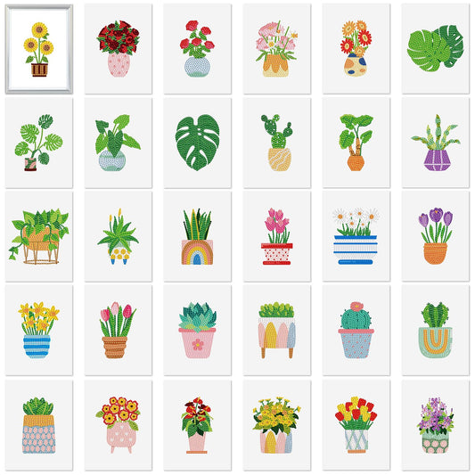 Xuhal 30 Pcs Mini Diamond Art Kits for Adults, Small Diamond Painting Kits, Green Plant & Floral Potted Mini Diamonds Painting Kit 5d DIY Rhinestones Crafts with Cardboard for Beginner Gifts