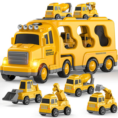 DULONIME Construction Truck Toys Set for Kids Aged 1 2 3 4 5 6 7 8, Truck Playset with Toy Car, Light and Sound, Movable Parts Construction Toys for Toddlers, Birthday Gifts for Boys Girls 2-4 4-7