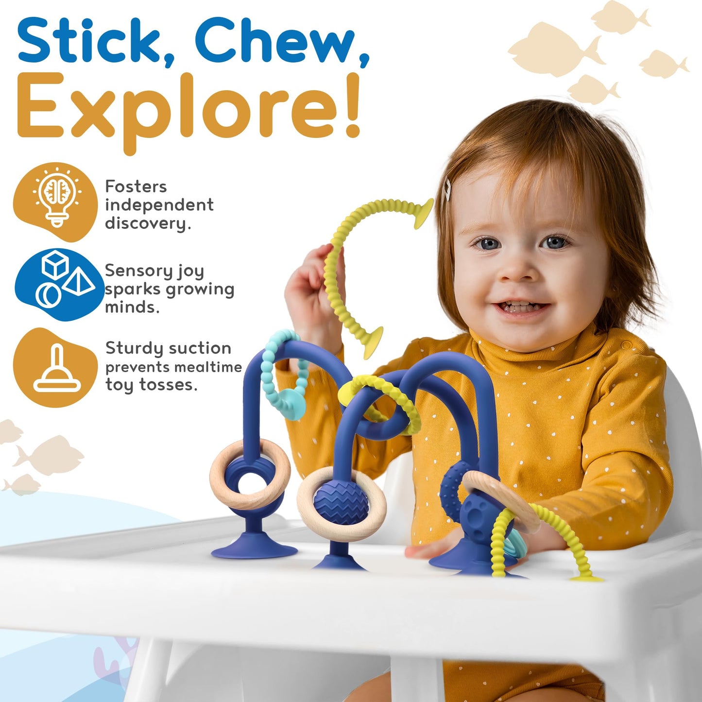 JoySprout Jumble Jangle Baby Teething Toys – Suction Cup High Chair Toys for Babies 6-12 Months | BPA-Free Baby Suction Toy for Highchair Tray, Table, Sensory Play, Teething Relief Essentials