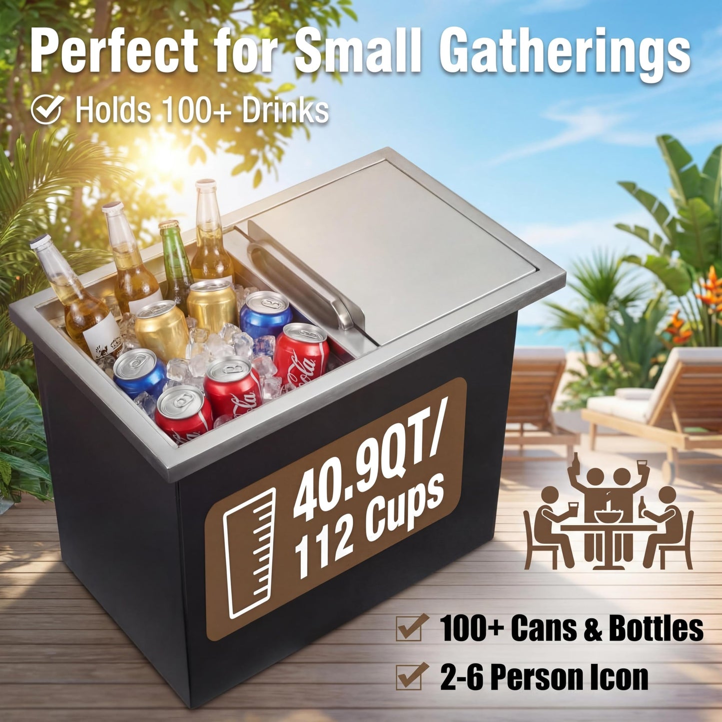 Garvee 18" Drop in Ice Chest 40.9QT Built-in Cooler, Stainless Steel Outdoor Kitchen Ice Bin with Sliding Lid & Drain, Insulated Bar Ice Storage for Patio, BBQ, Home Bar Beverage Station