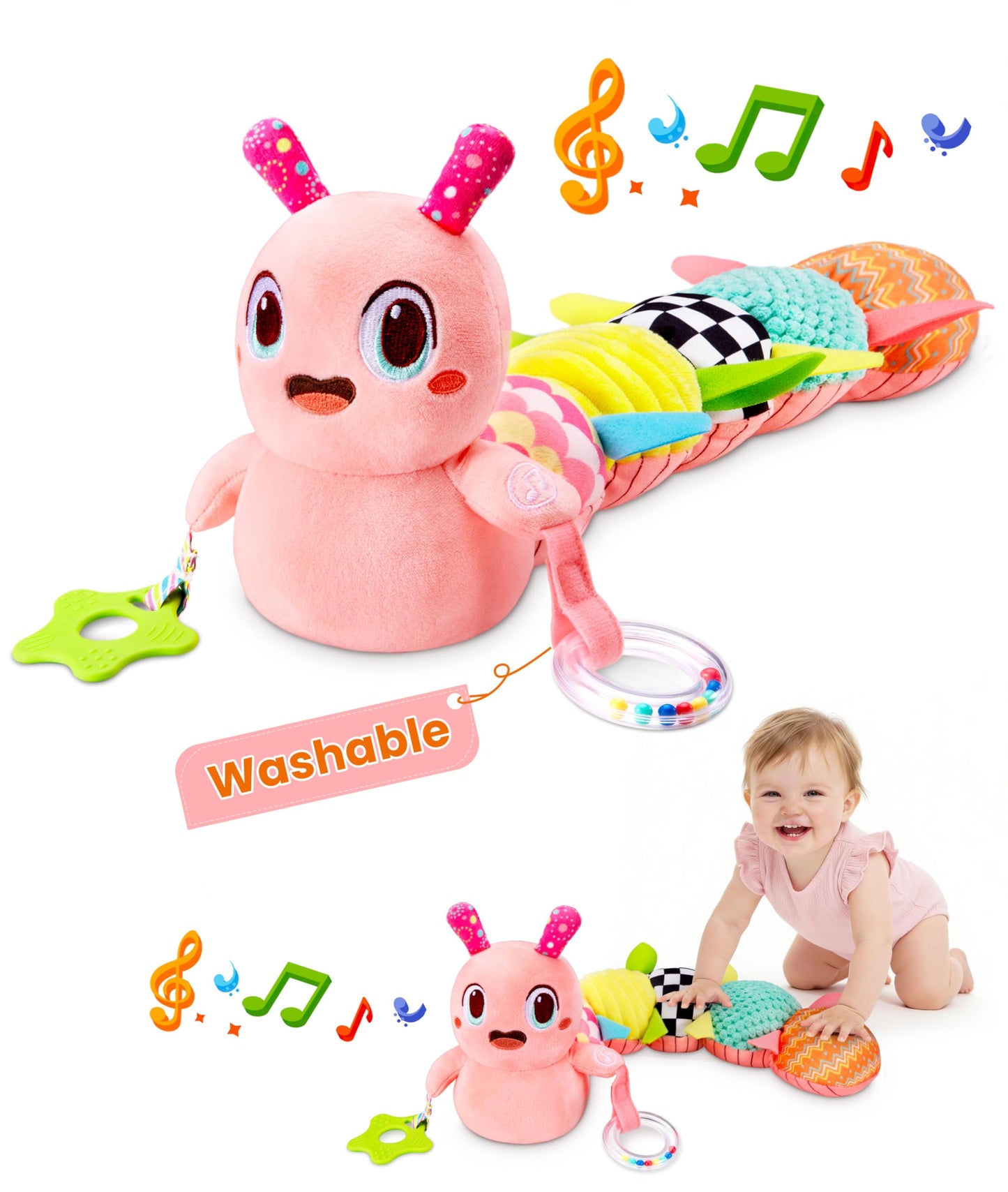 Baby Toys 0-6 Months, Washable Baby Musical Caterpillar Toys with 10 Children's Songs,Rattles,Teething Toys,Suitable for 0-6, 6-12 Months Infant Tummy Time Toy,Newborn Baby Boy&Gril Gifts(Light Pink)