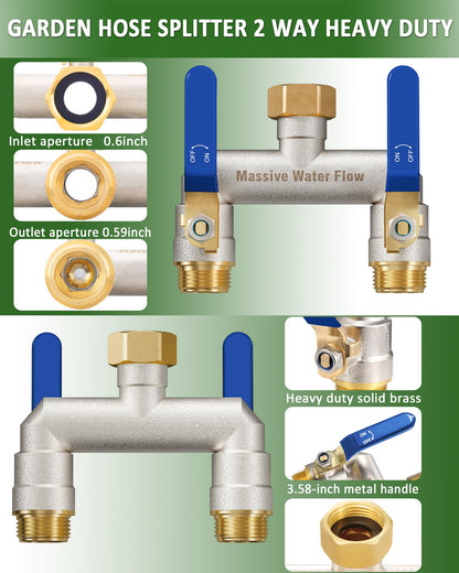 Hose Splitter 2 Way Heavy Duty, Garden Hose Splitter with 304 Stainless Steel Long Handle, Full Flow Brass Nickel Plated Water Hose T Spigot Splitter Adapter Connector, 3/4 - Inch GHT Thread (Blue)