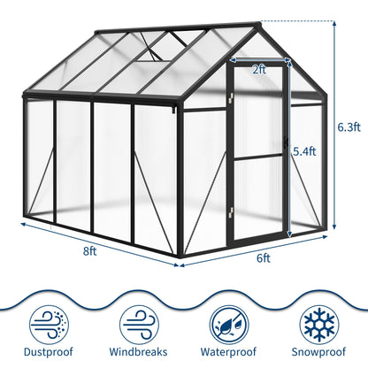 6X8 Ft Polycarbonate Greenhouse Sunroom with Aluminum Frame, Outdoor Greenhouse for Vegetables Herbs Flowers, Lockable Door & Adjustable Roof Vent, Patio Backyard Greenhouse Kit for Gardening, Black