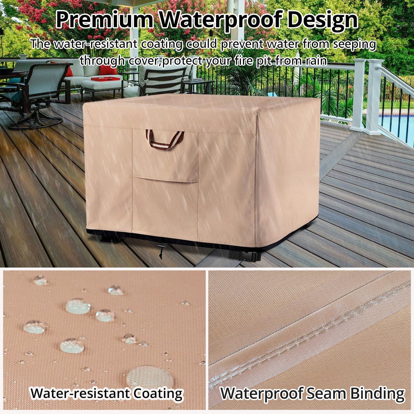 QH.HOME Fire Pit Cover Square-40-44 Inch Heavy Duty 900D Strong Tear-Resistant and UV Resistant and Waterproof and Fading Resistant Material Polyester Firepit Covers for Outdoor Fire Table-Wheat