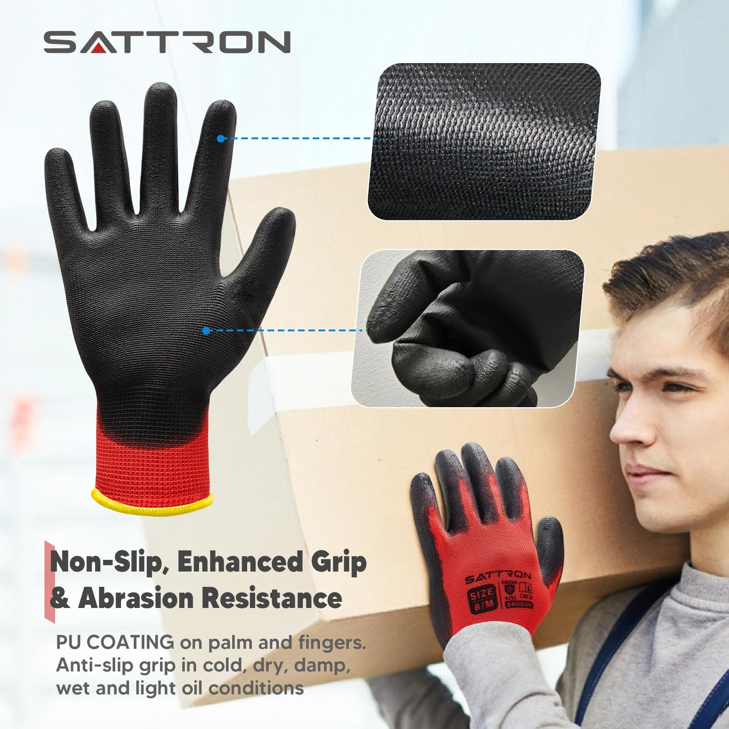 SATTRON Safety Work Gloves PU Coated, 12 Pairs Seamless Knit Gloves with Polyurethane Coating Working Gloves Excellent Grip for Men & Women, Breathable, Ideal for General Duty Work DIY (Red, Large)