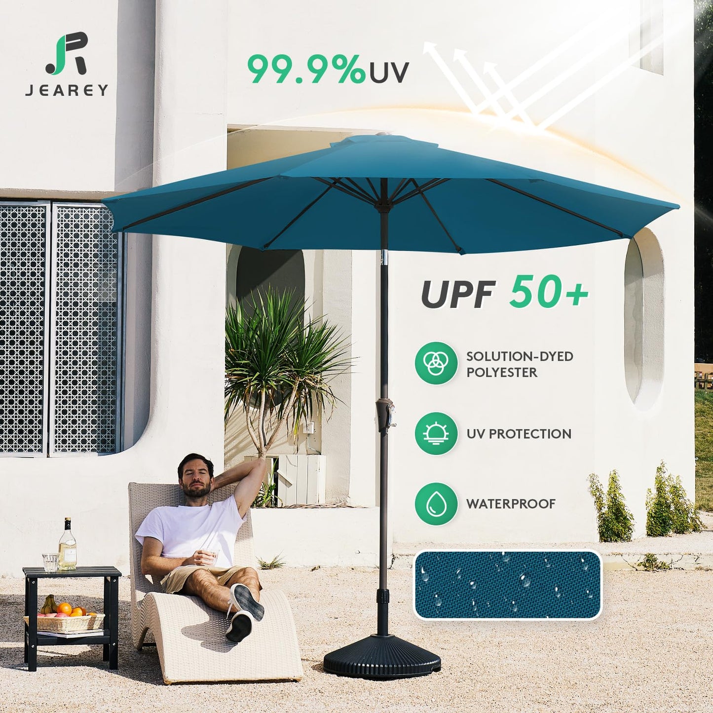 JEAREY 10FT Outdoor Patio Umbrella Outdoor Table Umbrella with Push Button Tilt and Crank, Market Umbrella 8 Sturdy Ribs UV Protection Waterproof for Pool, Garden (Lake Blue)