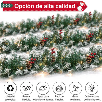 Christmas Garland with Lights - 9FT Pre-Lit Flocked Garland with 50 LED Bulbs, Red Berries, Pine Cones, Artificial Pine Battery Operated Garland for Fireplace, Staircase, Indoor & Outdoor Decoration