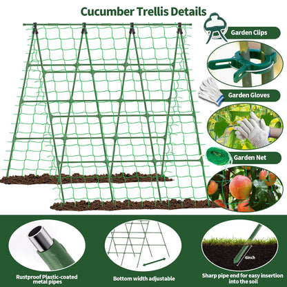 A-Frame Cucumber Trellis for Raised Bed - 63”H x 47”W, Heavy-Duty Detachable Garden Trellis with Netting & Clips, Support for Climbing Outdoor Cucumber, Tomatoes, Luffa, Bitter Melon, Vining Flowers