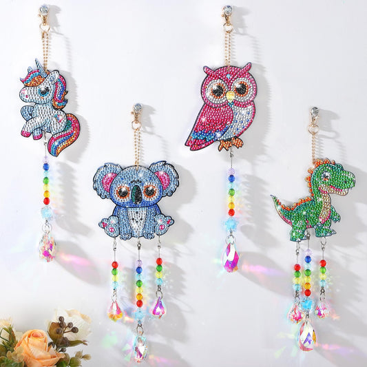 Diamond Art Kits for Kids - Crafts Gifts for Girls 8-12, 4 Pcs Double Sided Animal Style Wind Chime, Hanging Crystal Rhinestone Painting Ornament